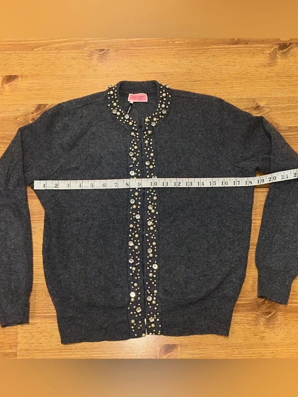 Kate Spade New York Cashmere Cardigan Sweater Gray Rhinestones & Pearls Small